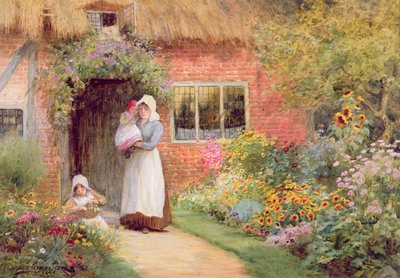 Madre e bambini fuori da un cottage da Arthur Claude Strachan